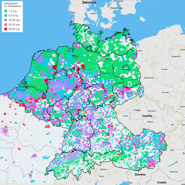 Karte Nitratgehalt des Trinkwassers in Europa